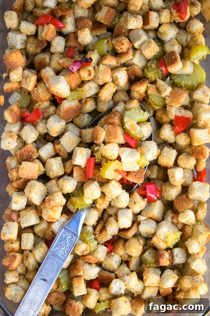 No Soggy Stuffing in Glass Dish With Spoon.