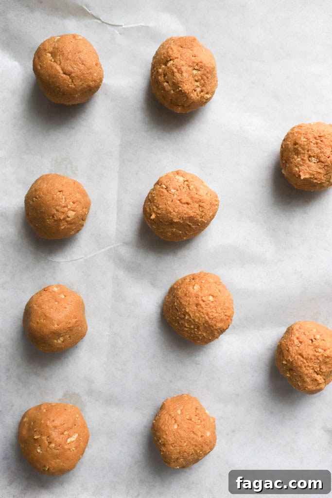 No-Bake Peanut Butter Graham Balls — 5 Ingredients 7 Top down view of Christmas dessert on baking sheet lined with parchment paper.