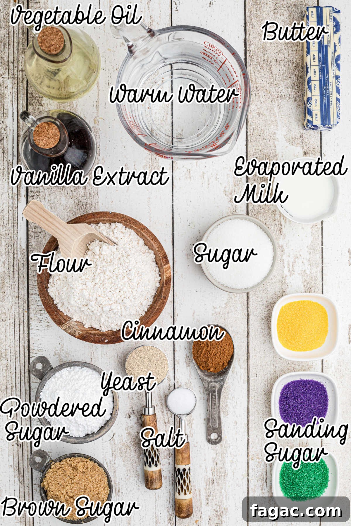 King Cake Cinnamon Roll Recipe: Sweet New Orleans Breakfast 3 Overhead shot of ingredients needed to make king cake cinnamon rolls.