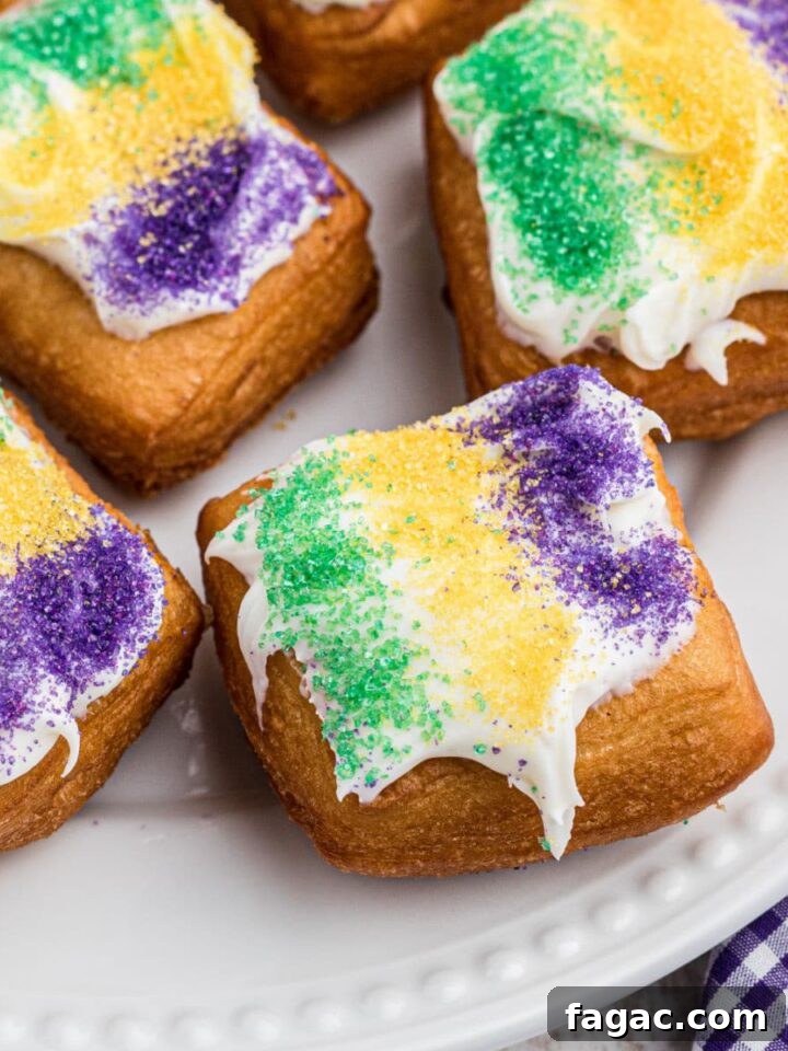 Close up shot of some mardi gras beignets.