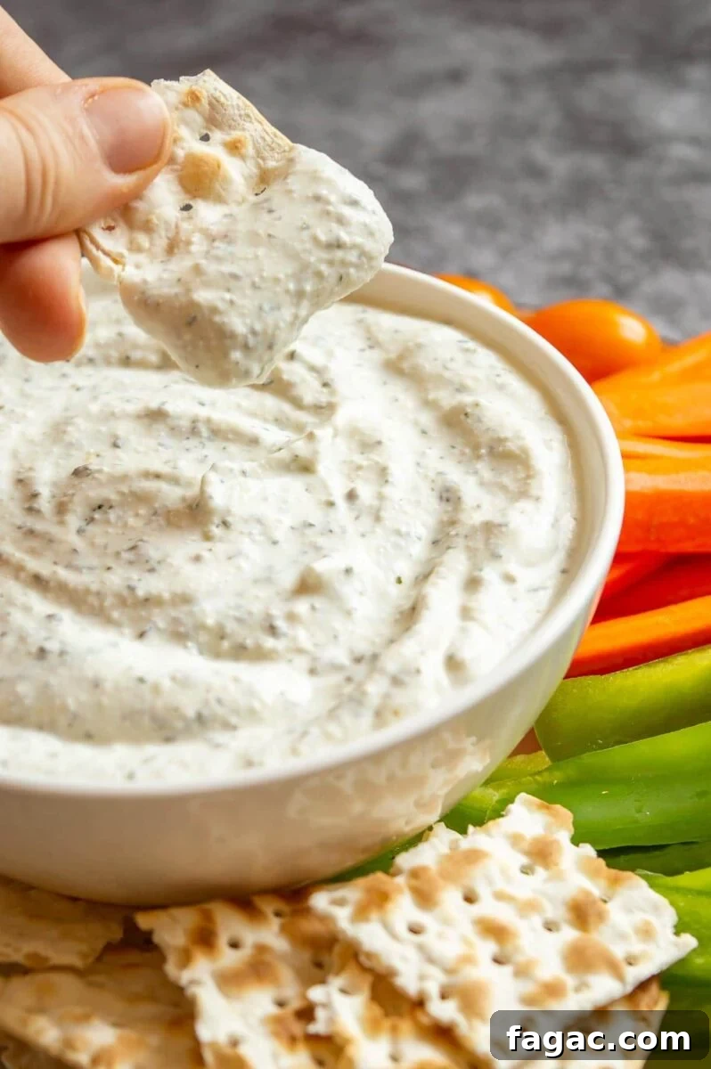 Creamy Herbed Cottage Cheese Dip — Boursin-Style Recipe 2 A hand dipping a cracker into a bowl of creamy pale herbed dip.