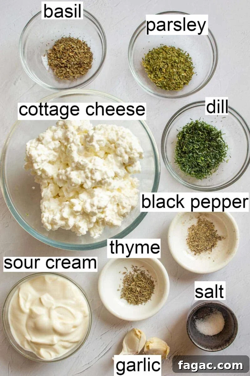 Creamy Herbed Cottage Cheese Dip — Boursin-Style Recipe 3 Labelled ingredients for the dip including basil, parsley, cottage cheese, garlic and dill.