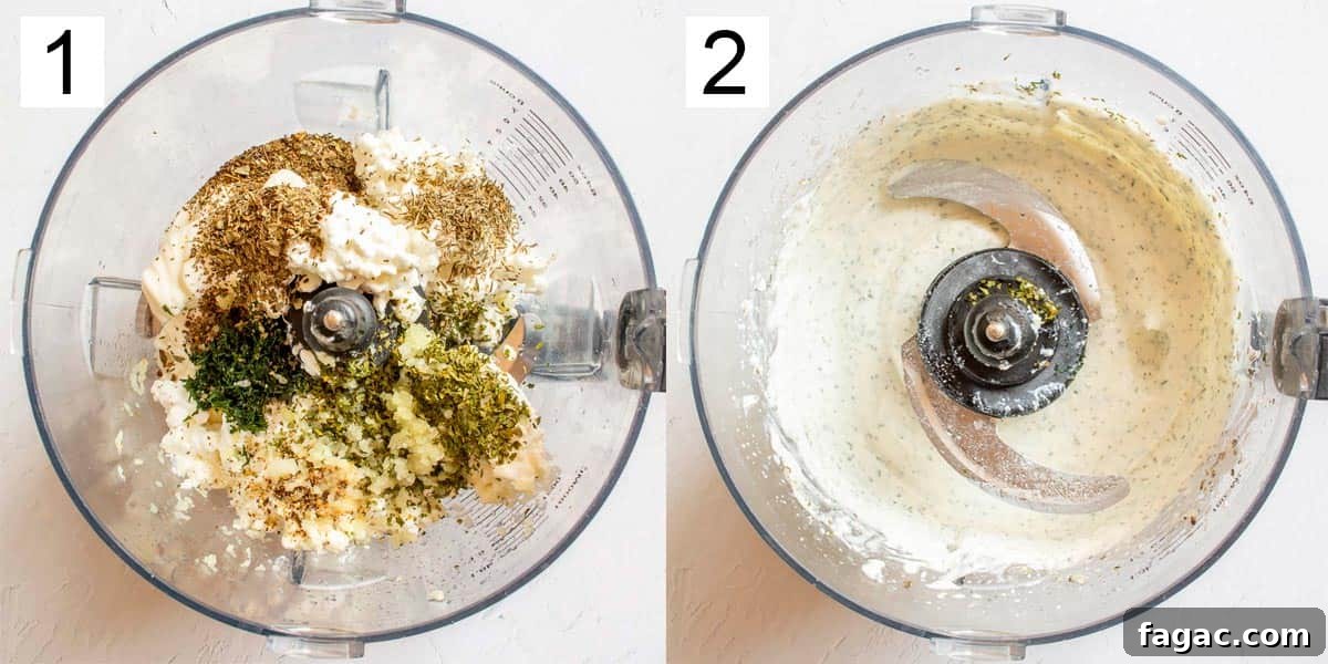 Creamy Herbed Cottage Cheese Dip — Boursin-Style Recipe 5 Split image of a processor bowl with herbs and cottage cheese on the left, and processed until smooth on the right.