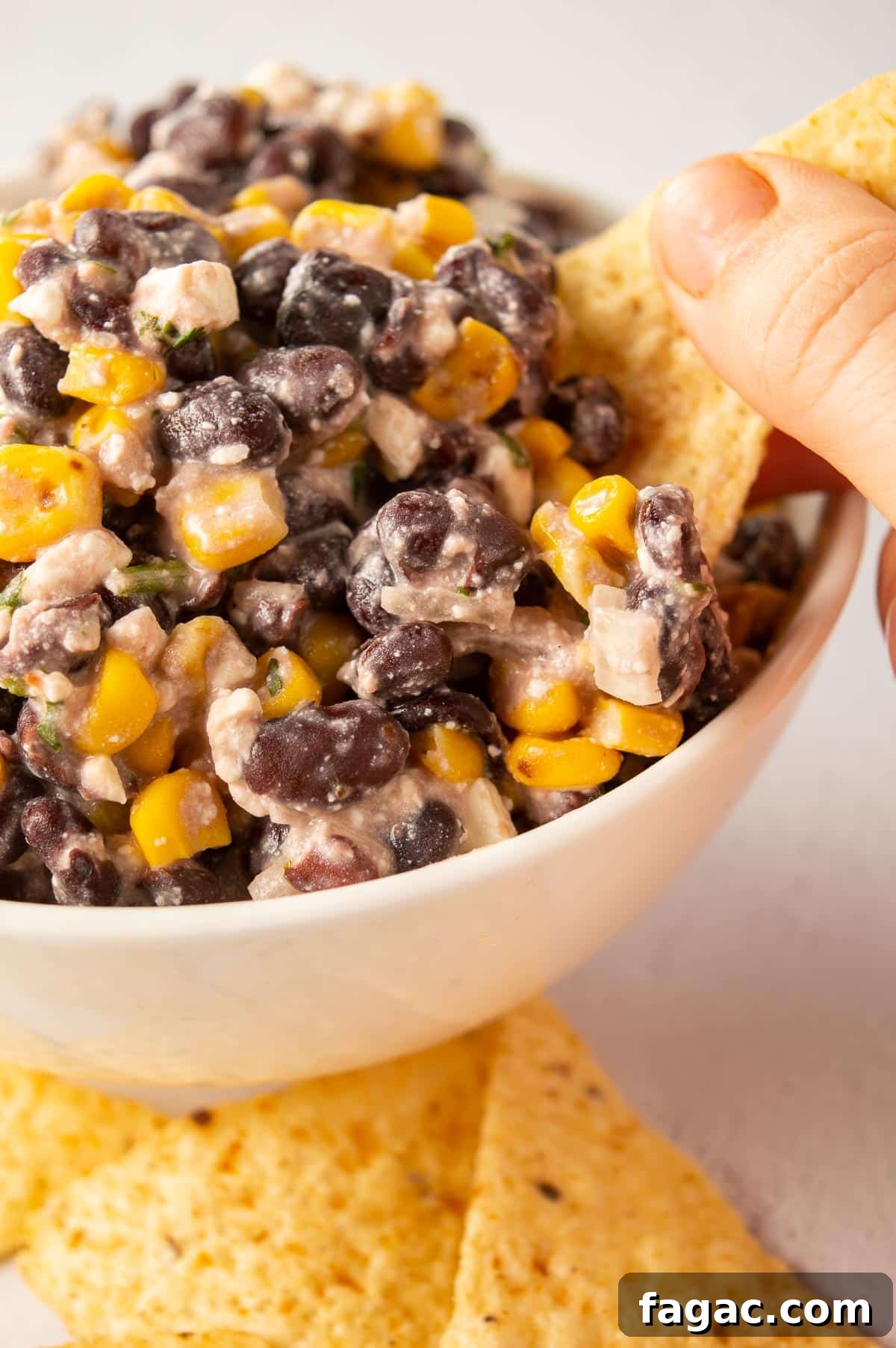 Creamy Herbed Cottage Cheese Dip — Boursin-Style Recipe 8 A hand dipping a tortilla chip into a white bowl with black beans, feta and corn.