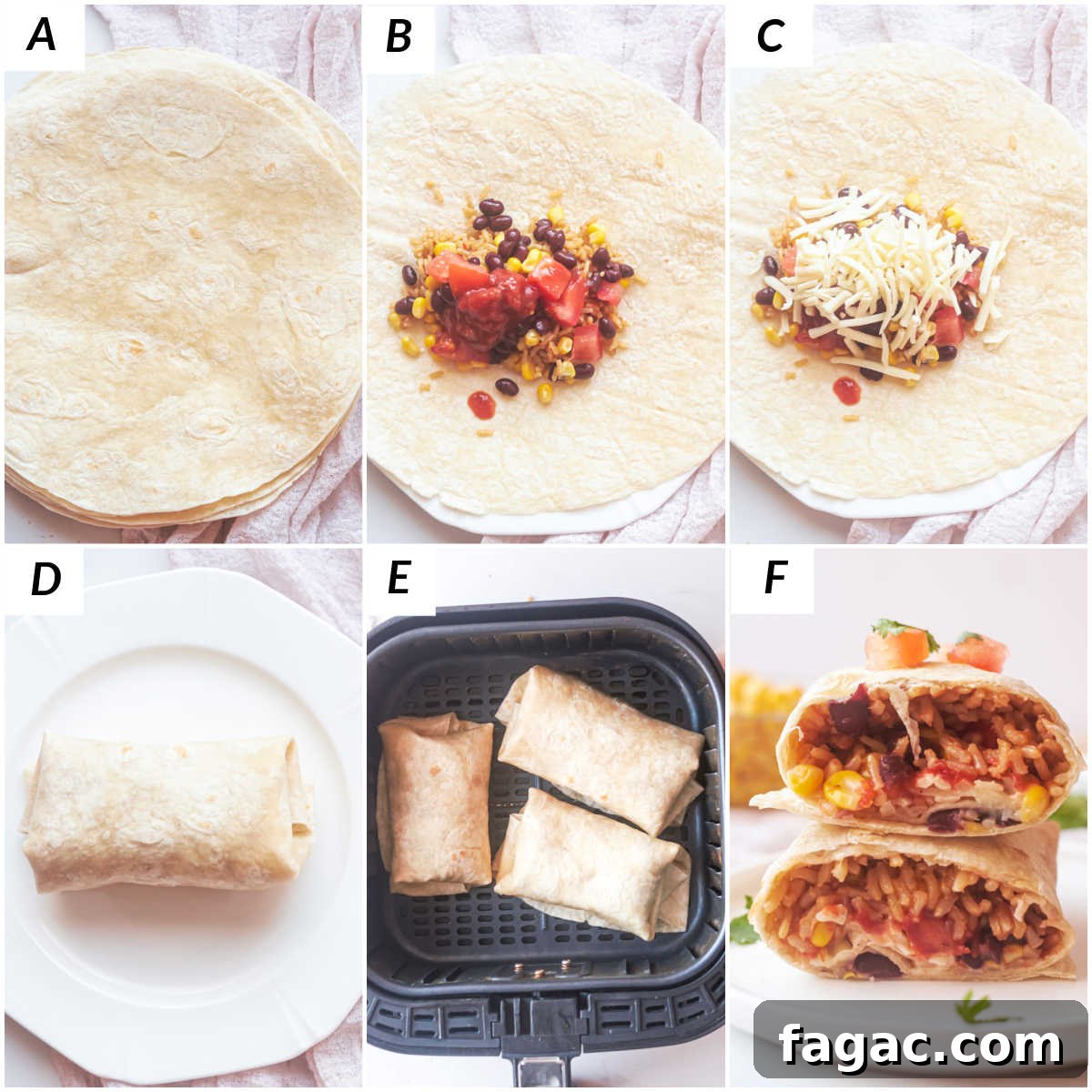 Crispy Air Fryer Breakfast Burrito Recipe 6 image collage showing the steps for making air fryer burrito