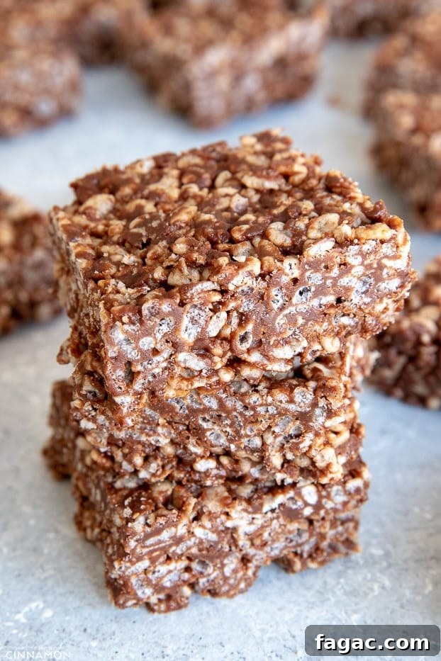 Fudgy Chocolate Rice Krispies Treats 2 Stack of three chocolate rice krispies treats
