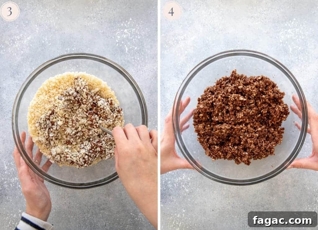 Fudgy Chocolate Rice Krispies Treats 5 Puffed rice mixed with melted chocolate and peanut butter, in a large glass bowl