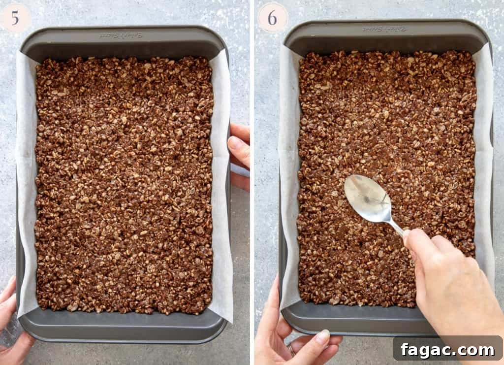 Fudgy Chocolate Rice Krispies Treats 6 Chocolate rice krispies treat mixture in a baking dish and pressed with a spoon
