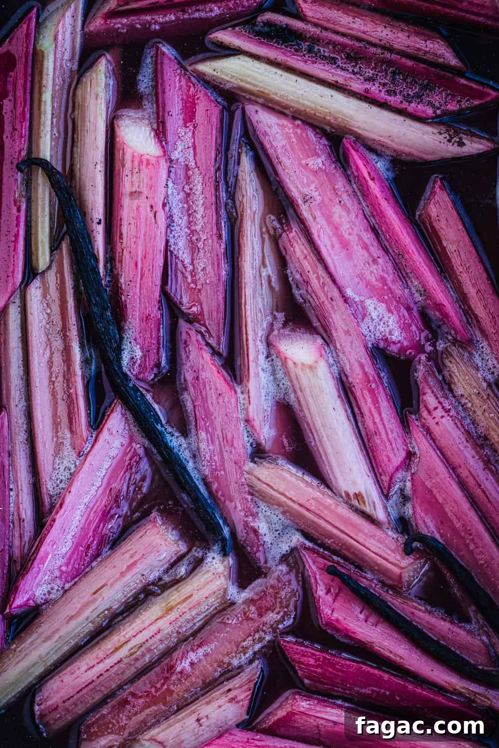 cooked rhubarb all done! Vanilla poached rhubarb just out of the oven, overhead shot.