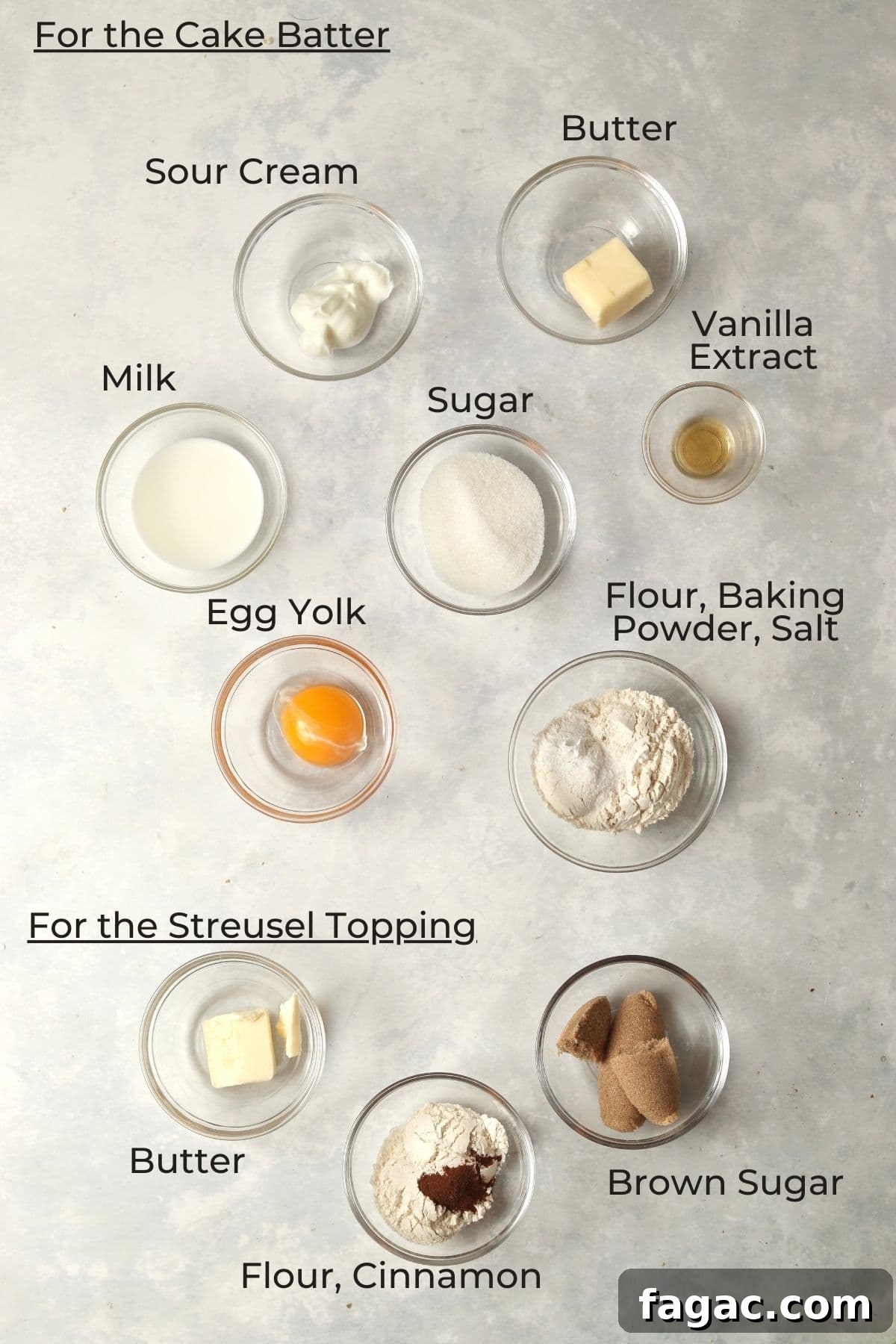 Single serve coffee cake ingredients in small glass prep bowls.