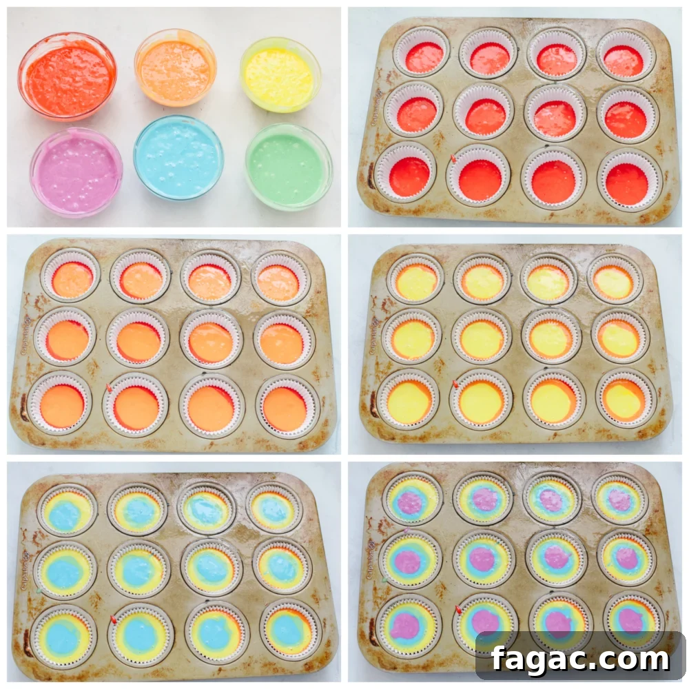 Process shots of layering cupcakes with different colored batter.