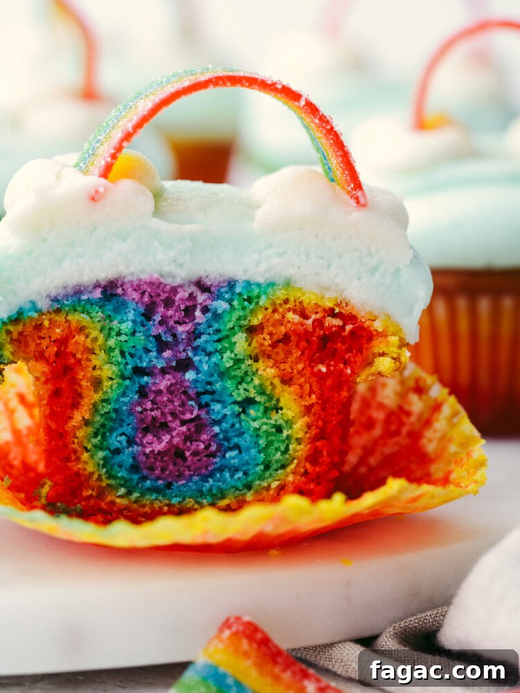 Closeup of a cupcake cut in half.