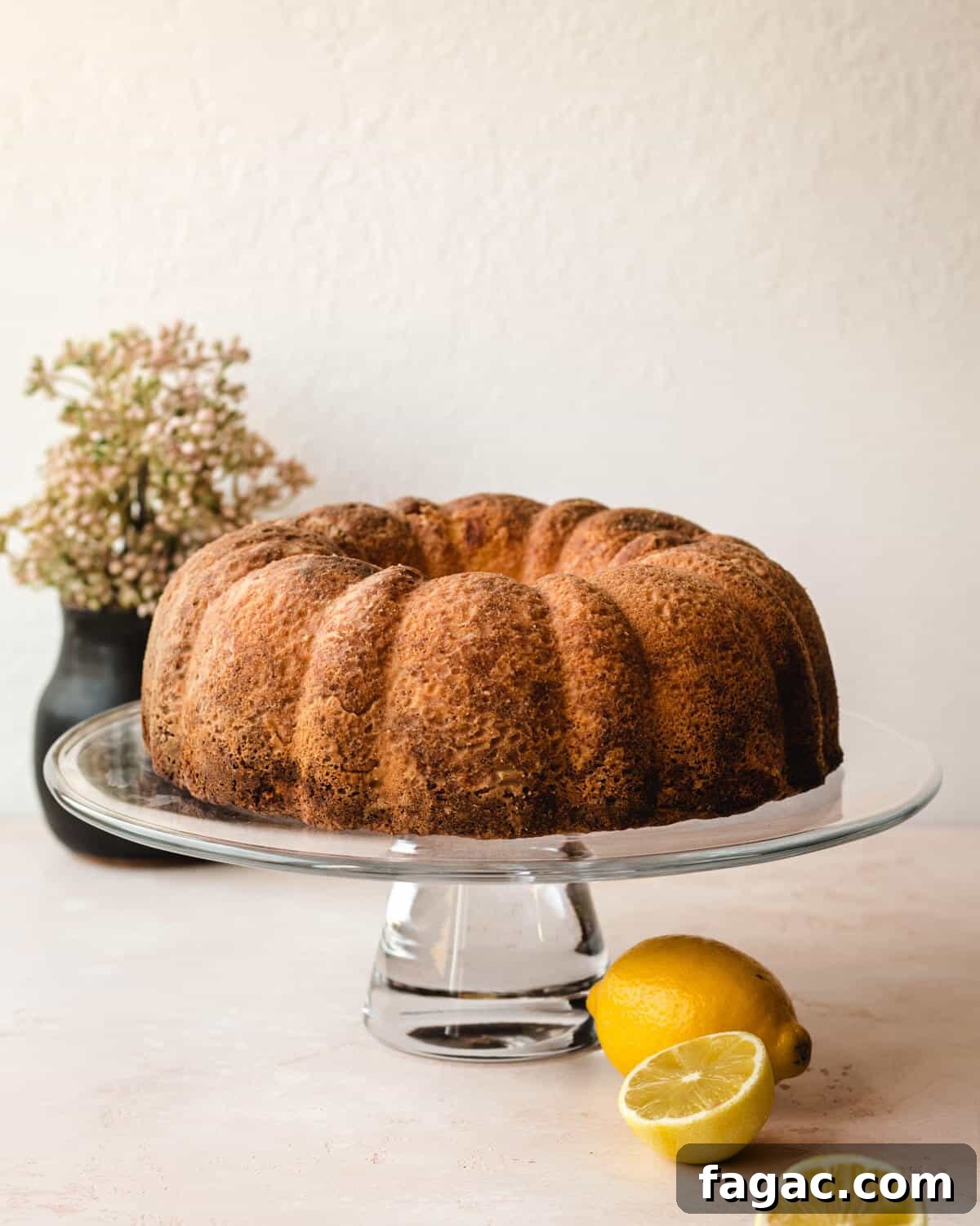 Authentic Italian Lemon Pound Cake Recipe with Zesty Glaze 5 Lemon pound cake displayed on a cake stand with fresh lemons sitting below the stand.