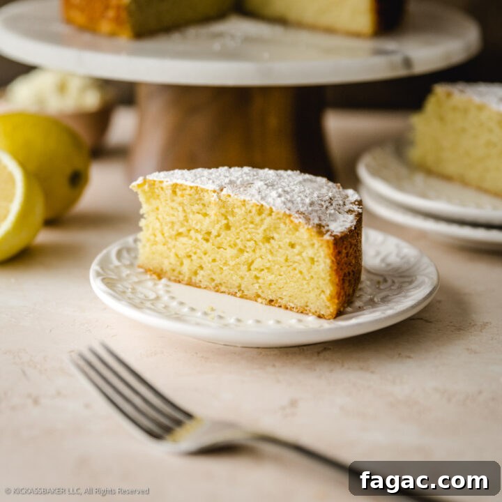A slice of obsession worthy lemon ricotta cake on a plate.