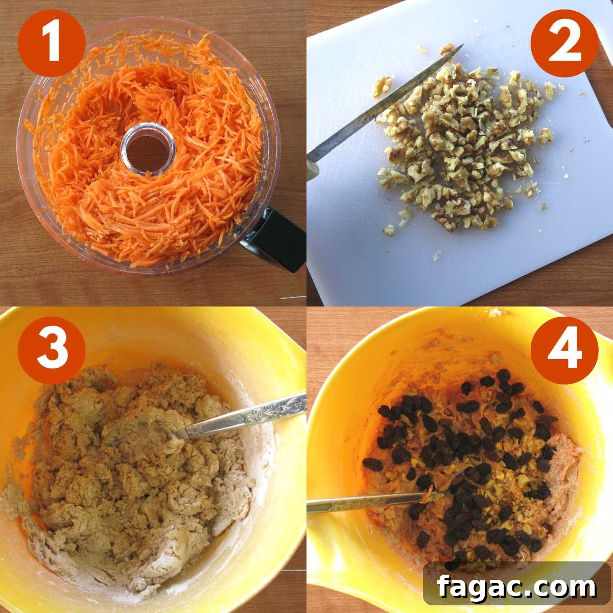 Graphic of steps to make carrot pineapple muffins: 1) grated carrots in processor bowl, 2) walnut on cutting board, 3) dry mix in bowl 4) wet ingredients in batter.