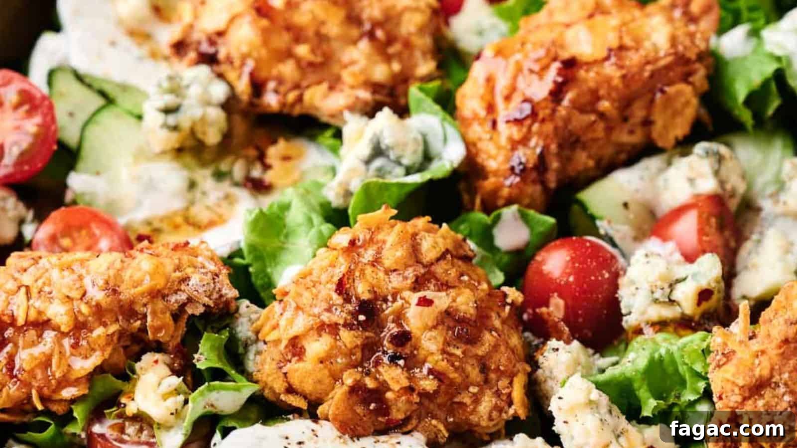 21 Easter Salad Ideas to Refresh Your Holiday Table 23 A honey hot chicken salad with succulent fried chicken pieces, cherry tomatoes, blue cheese crumbles, cucumber slices, and mixed greens, all topped with a creamy dressing.