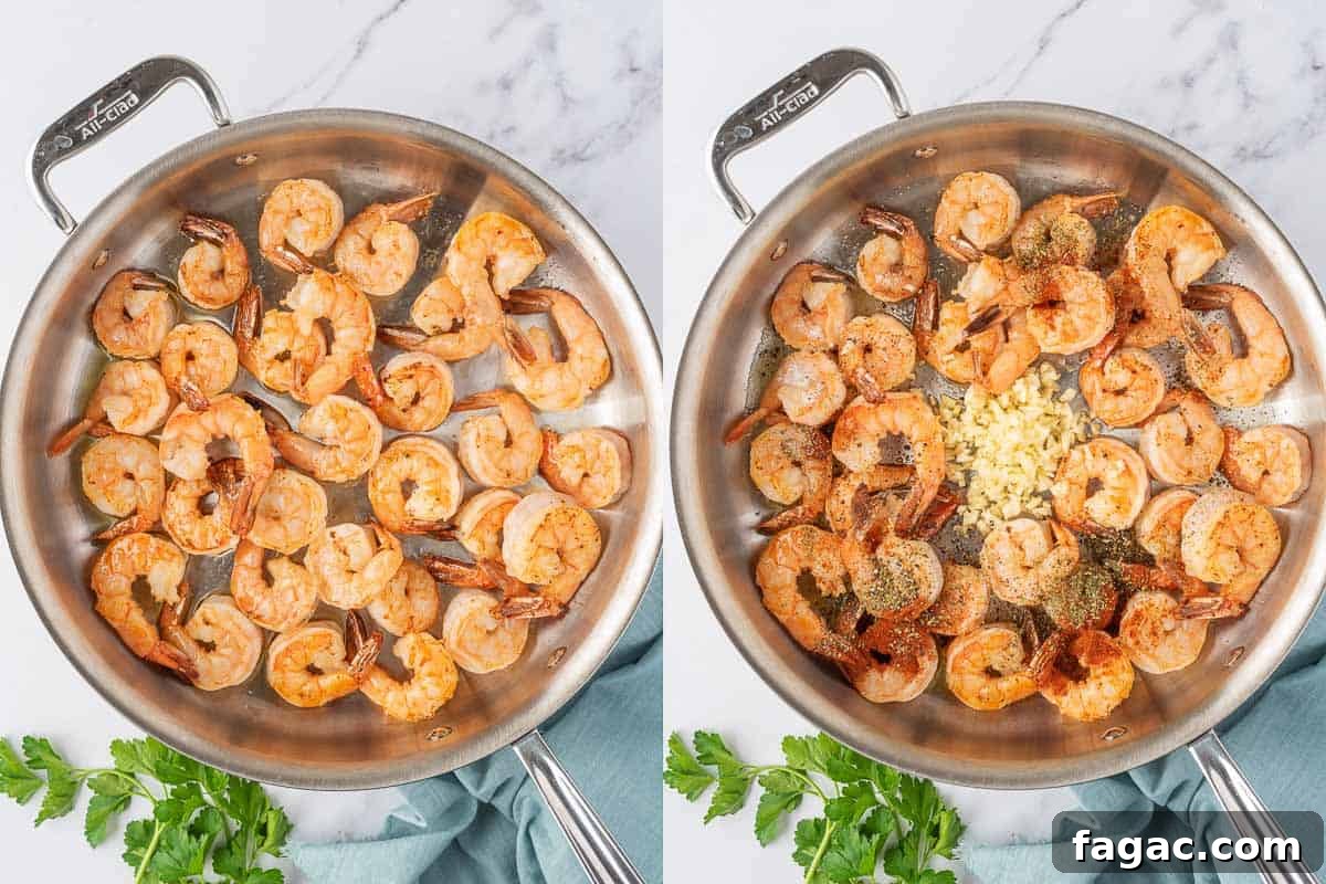 Cooking shrimp in skillet for garlic lemon shrimp recipe.