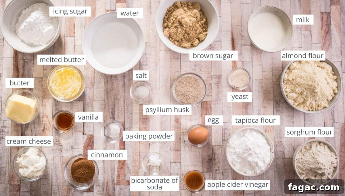 Soft and Fluffy Gluten-Free Cinnamon Rolls Without Xanthan Gum 5 Cinnamon Roll ingredients on a table in bowls.