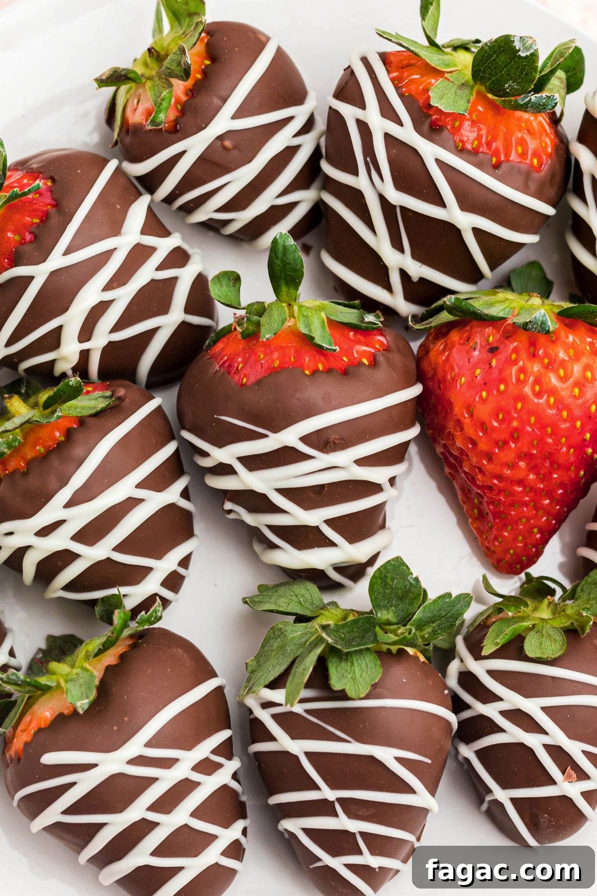 How to Make Chocolate-Covered Strawberries 5 Strawberries coated with chocolate and white chocolate stripes, on a white plate with fresh strawberry in the center of plate.
