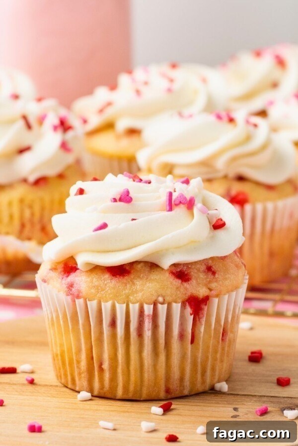 White cupcakes with pink sprinkles baked in the batter, then frosted with white frosting and topped with pink sprinkles.
