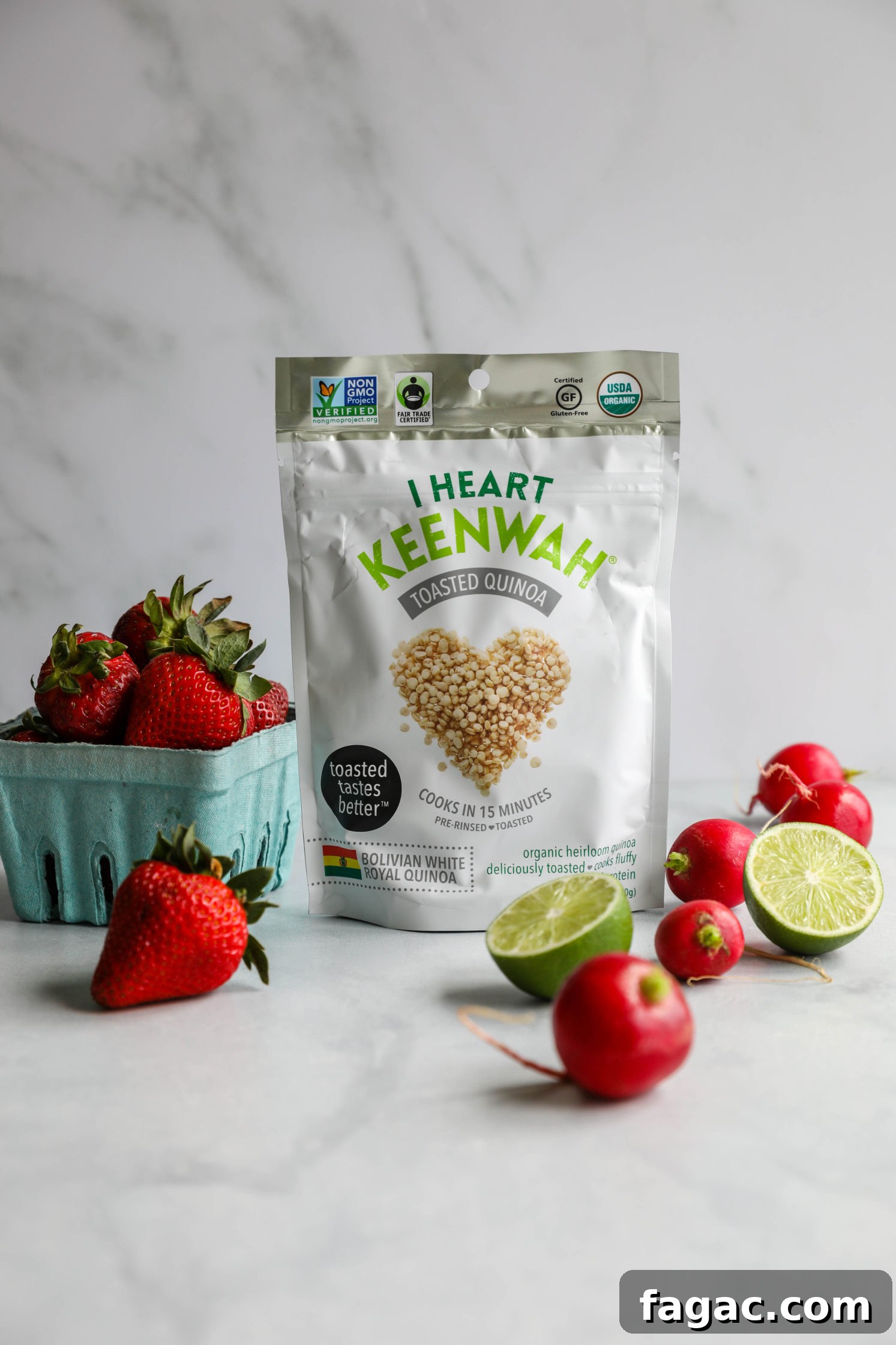 Fresh Strawberry Quinoa Salad with Lime Tahini Dressing 3 I Heart Keenwah bag with radishes and strawberries and two lime halves