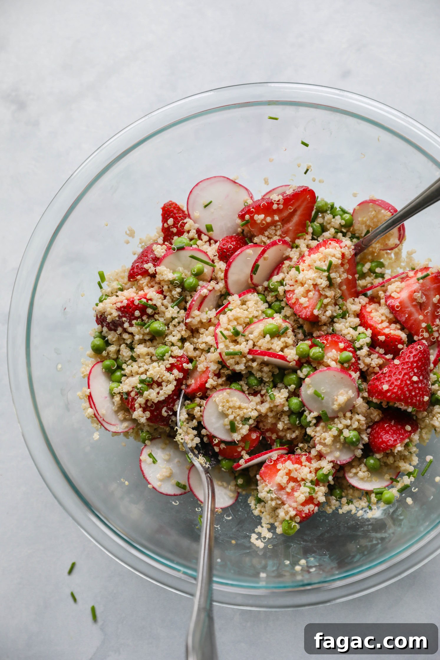 Fresh Strawberry Quinoa Salad with Lime Tahini Dressing 7 Strawberry Quinoa Salad with Zesty Lime tahini dressing mixed in large mixing bowl
