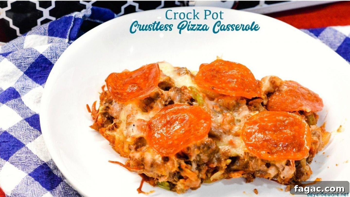This low carb crock pot pizza casserole is a new favorite pizza recipe even for the folks not eating low-carb since it is full of a lot of meat, cheese, and flavor no one misses the crust or pasta in this crustless pizza casserole.