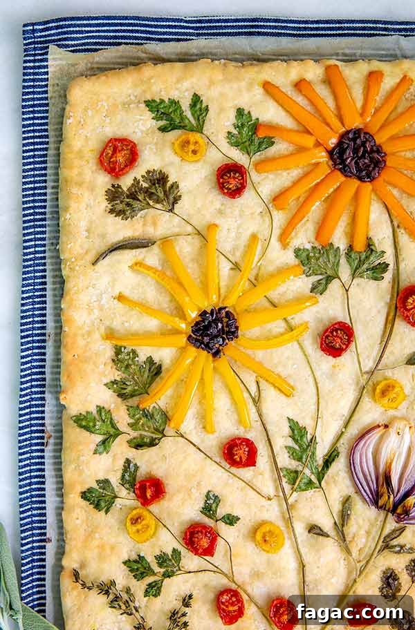 Crisp Garden Vegetable Focaccia with Fresh Herbs 2 Garden Focaccia bread decorated with vegetables and herbs on top to look like flowers