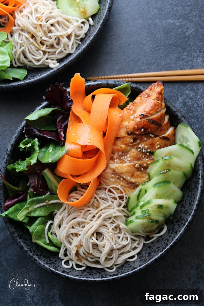 Teriyaki Chicken Soba Noodle Salad with Sesame Dressing 2 soba noodle teriyaki chicken salad in black dish