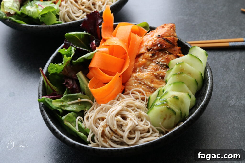 Teriyaki Chicken Soba Noodle Salad with Sesame Dressing 3 horizontal soba noodle teriyaki chicken salad bowls