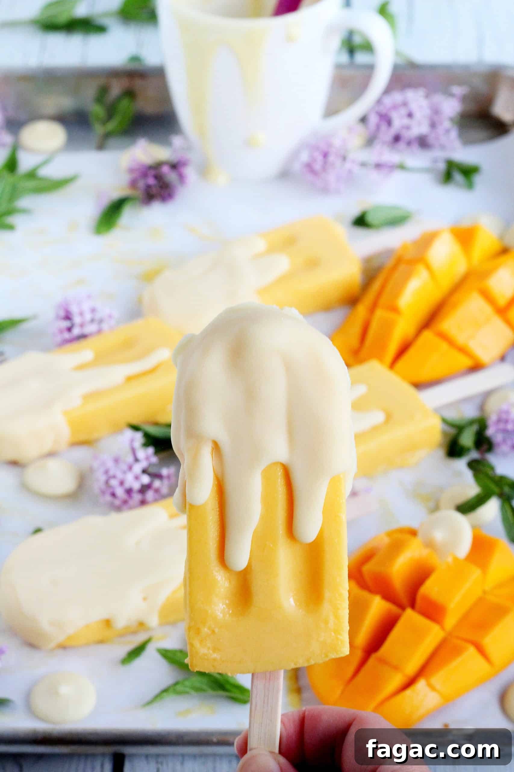 White Chocolate Dipped Mango Popsicles 5 close up of mango ice cream on stick