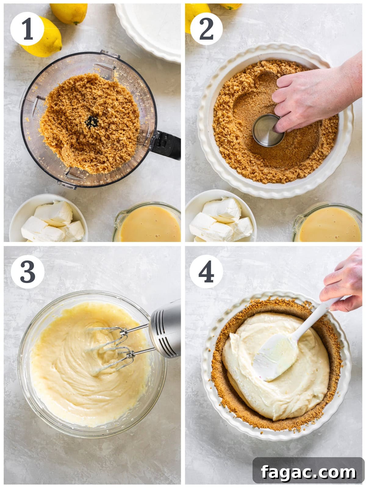 Creamy Lemon Icebox Pie Recipe 4 photo collage demonstrating how to make lemon icebox pie with graham cracker crust in a food processor and mixing bowl.