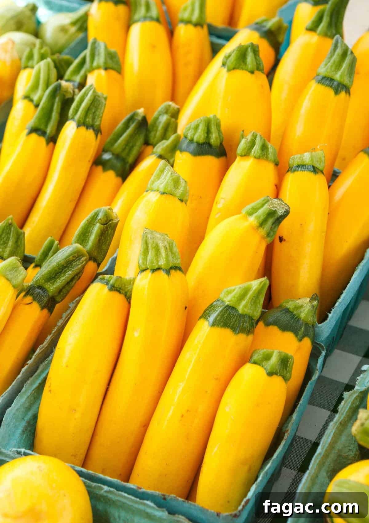 Freeze Summer Squash: Preserve Flavor and Texture 2 Yellow squashes neatly arranged in blue cartons on display at a market, showcasing the freshness before you learn how to freeze summer squash for later use.