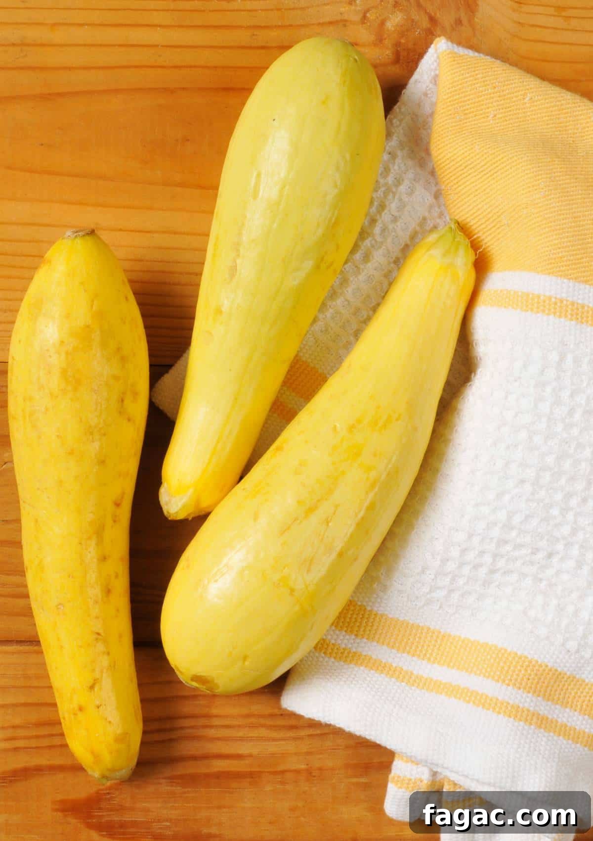 Freeze Summer Squash: Preserve Flavor and Texture 5 Three yellow squash lie on a wooden surface next to a white and yellow striped kitchen towel, perfect props for learning how to freeze summer squash.