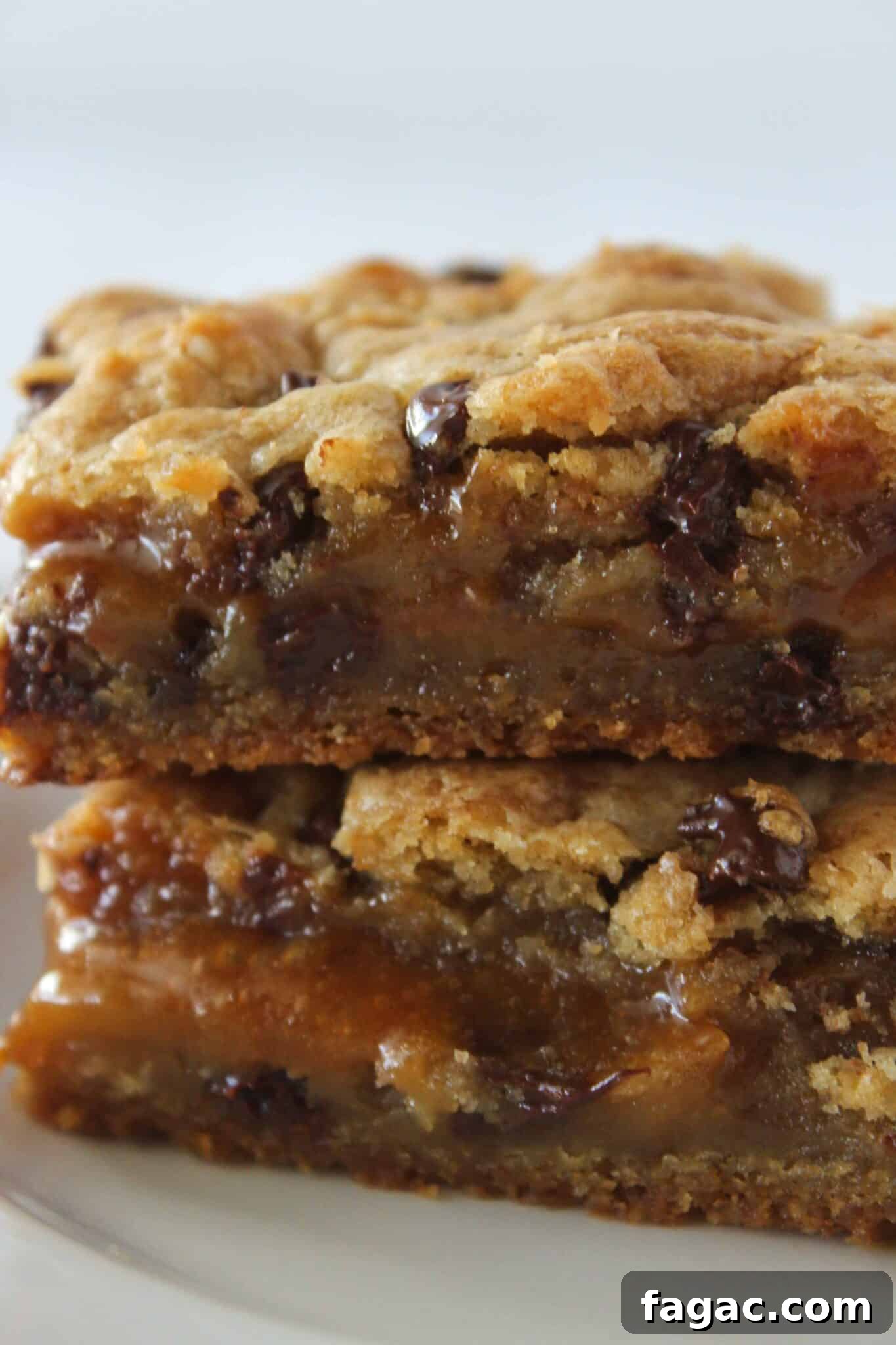 Salted Caramel Chocolate Chip Cookie Bars Recipe & Tips 2 Salted Caramel Chocolate Chip Cookie Bars stacked on each other.