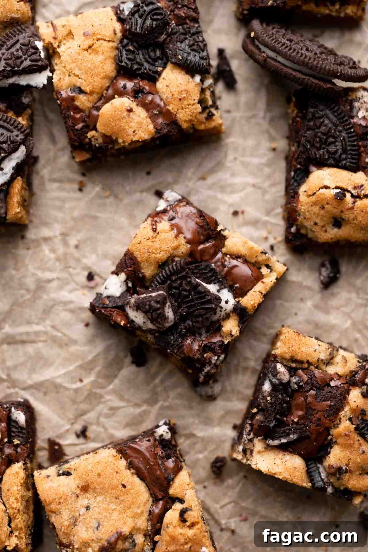 Oreo Brookies Recipe: Fudgy Brownies with Oreo Cookies 2 oreo brookies cut into squares and topped with oreo cookie pieces.