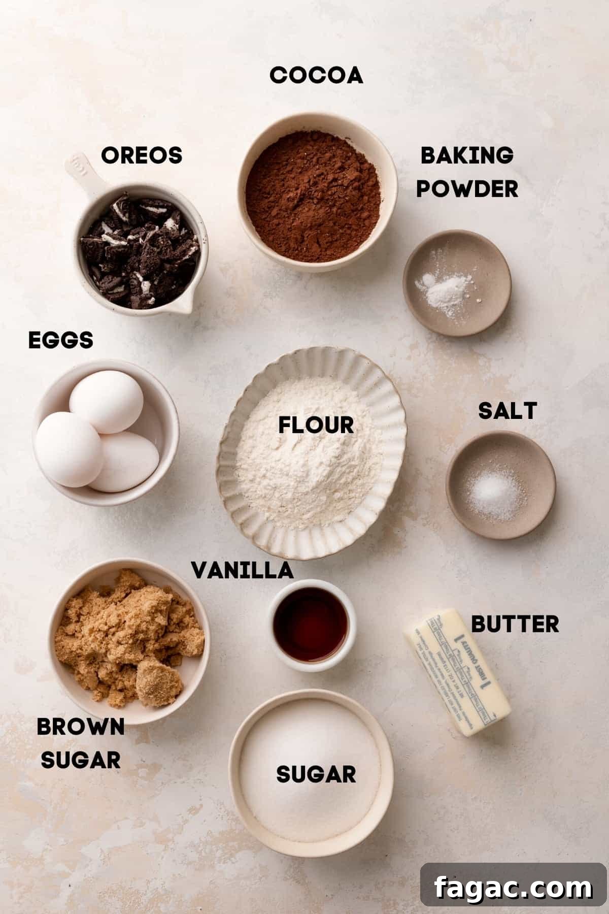 Oreo Brookies Recipe: Fudgy Brownies with Oreo Cookies 3 ingredients needed to make oreo brookies in bowls with labels.