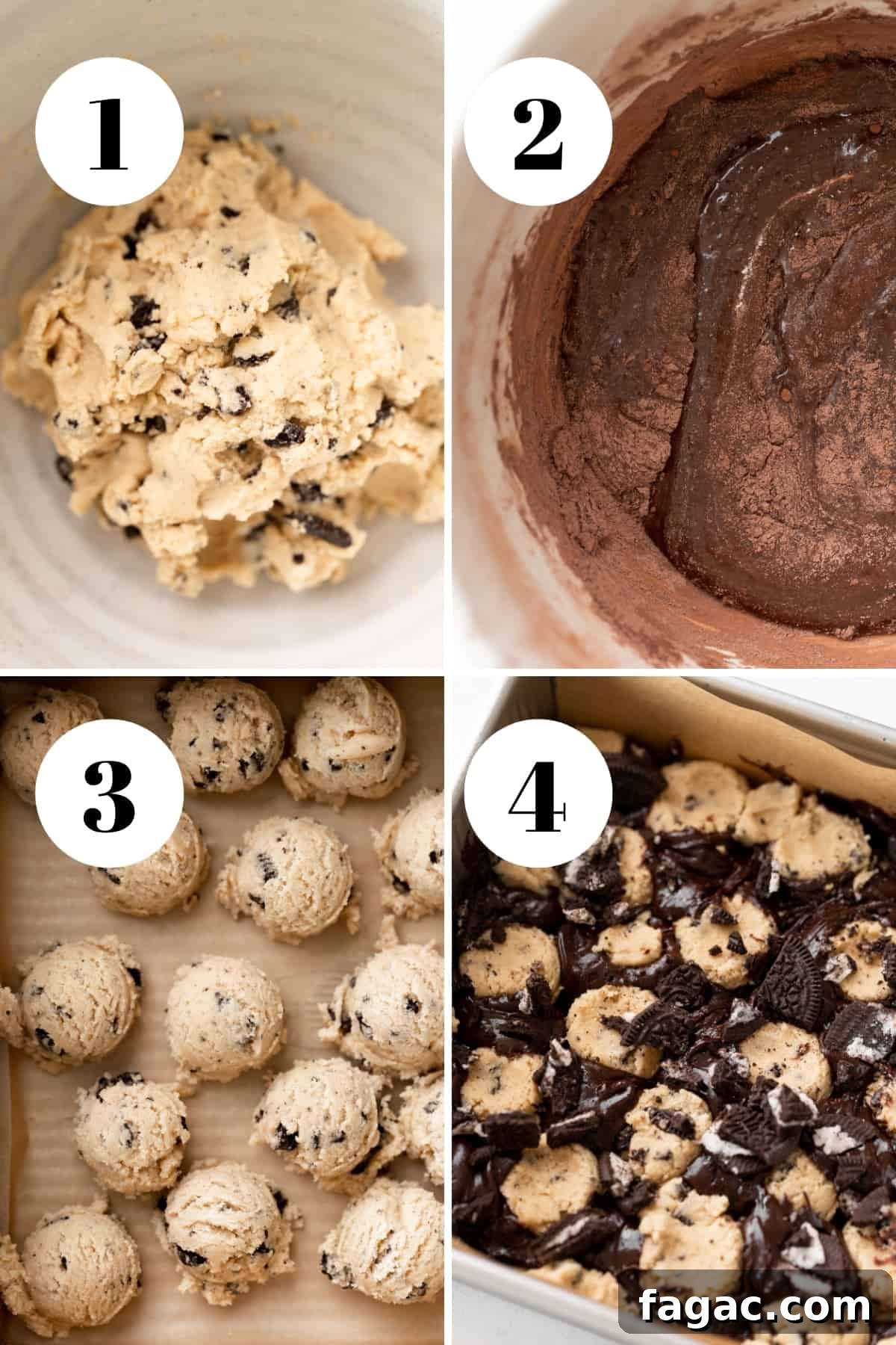 Oreo Brookies Recipe: Fudgy Brownies with Oreo Cookies 4 process collage of the steps for how to make the cookie dough and brownie batter.
