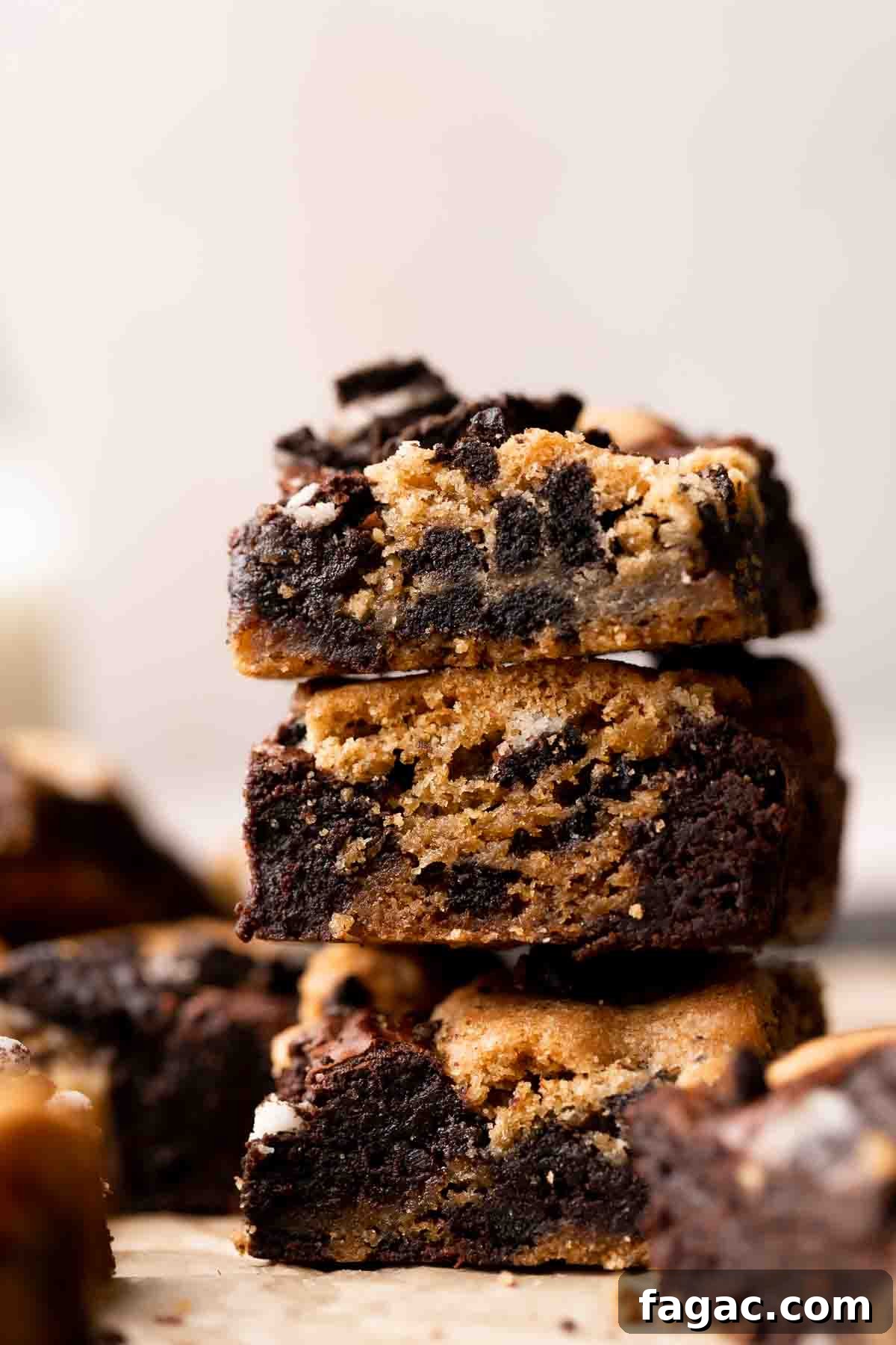 Oreo Brookies Recipe: Fudgy Brownies with Oreo Cookies 6 three brookies stacked on top of each other.