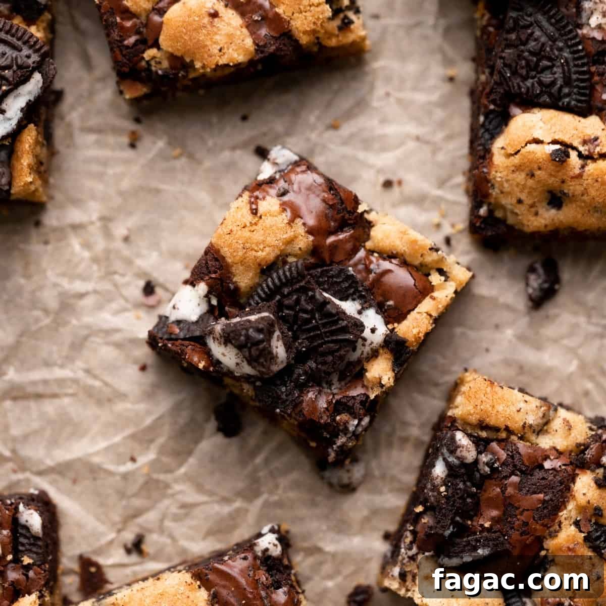 Oreo Brookies Recipe: Fudgy Brownies with Oreo Cookies 7 oreo brookies cut into squares and topped with oreo cookies.