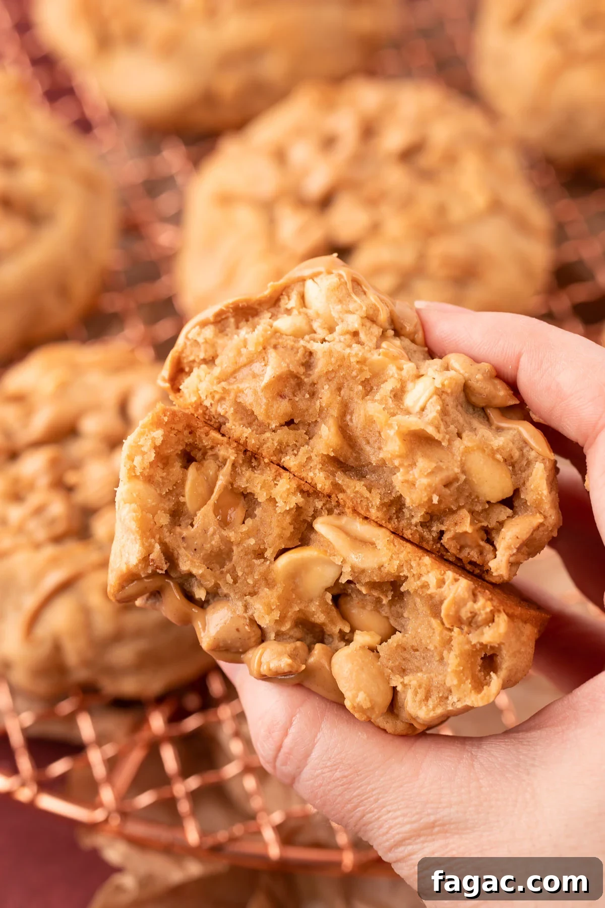 A woman's hand holding two halves of a triple peanut butter cookie to reveal the inside.