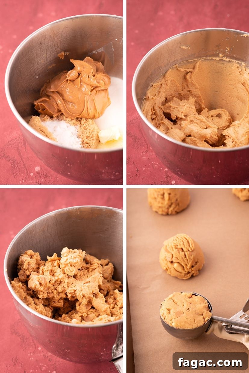 Step by step photo collage showing how to make triple peanut butter cookies.
