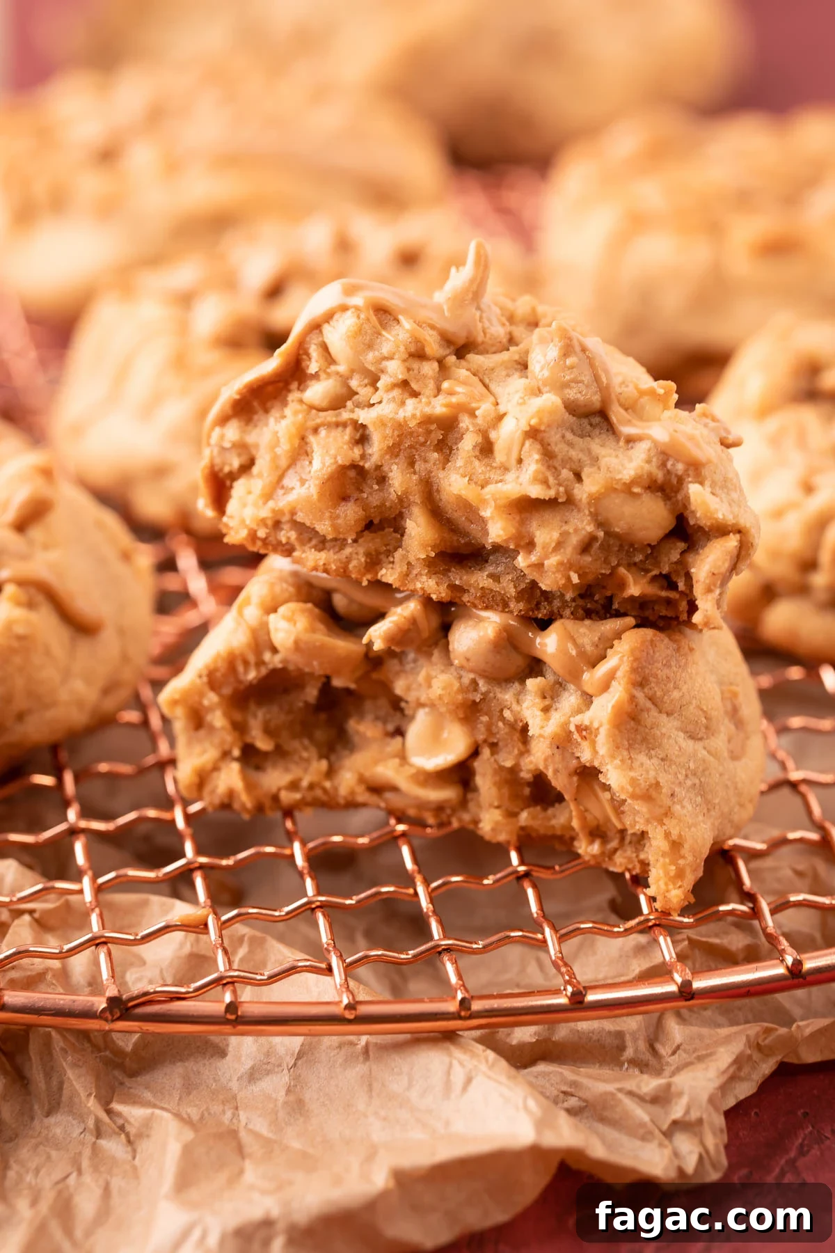 A thick triple peanut butter cookies that's been broken in half and the halves are stacked on top of each other.