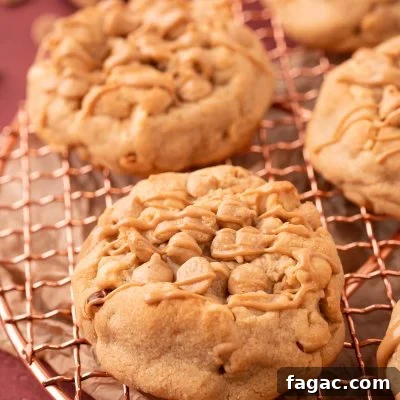 Thick Triple Peanut Butter Cookies on a copper wire rack.