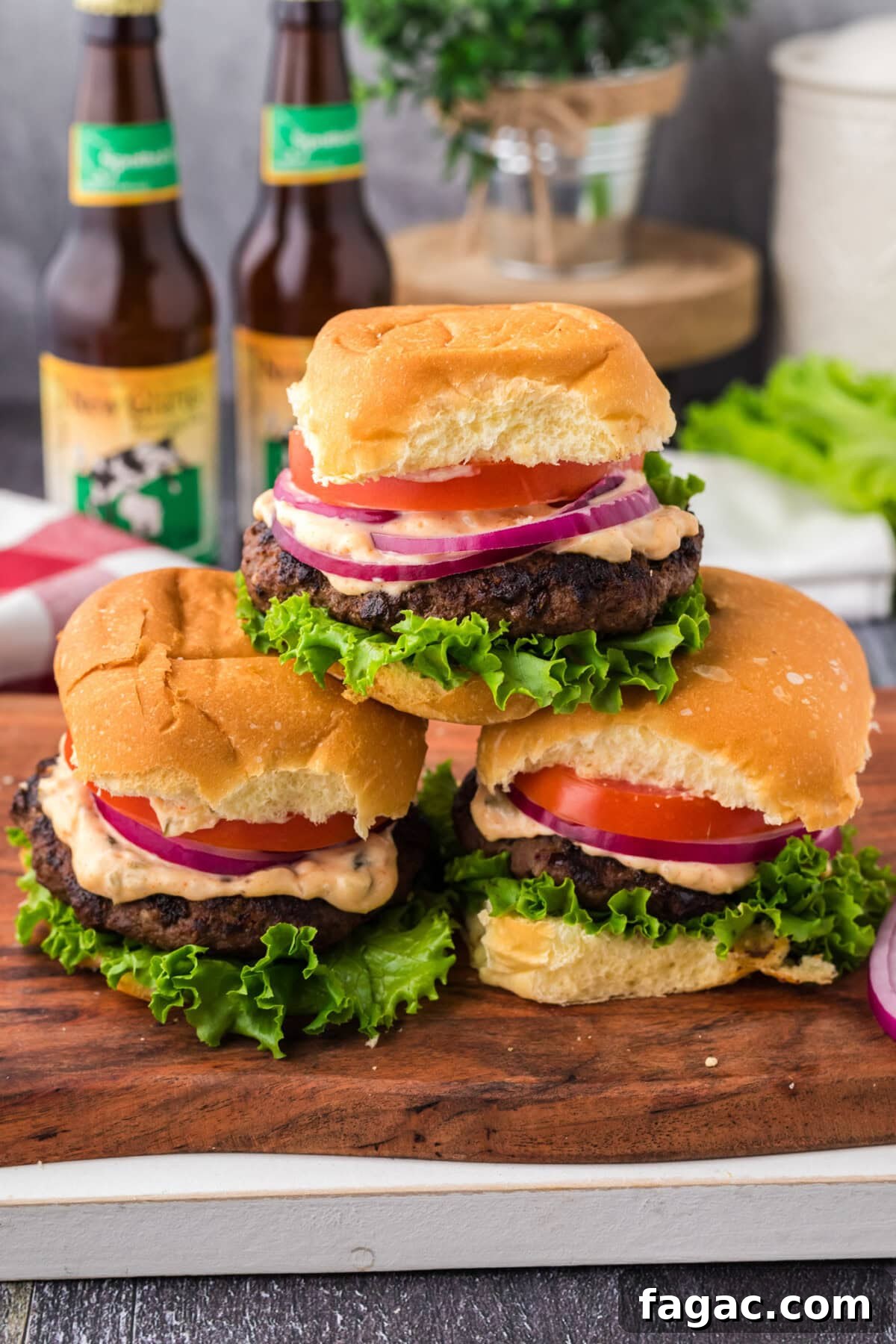 Buffalo Burger Recipe with Blue Cheese and Crispy Onions 3 Stack of Buffalo Burgers