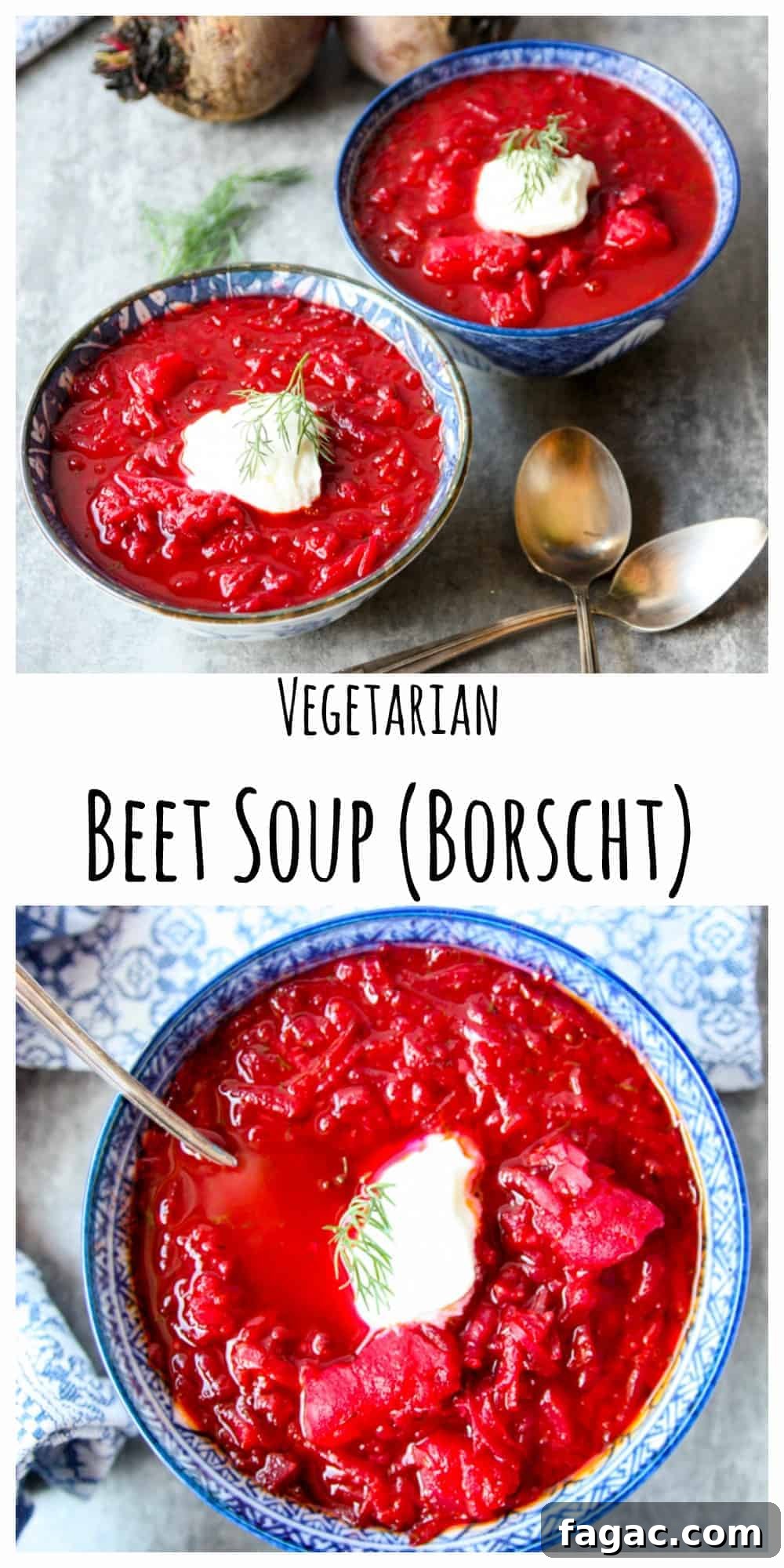 Authentic Ukrainian Borscht Recipe: Beet Soup 9 two photos of blue bowls filled with red beet soup with text overlay