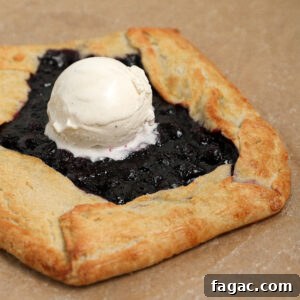 Rustic Blueberry Galette with Buttery Flaky Crust 7 A rustic Blueberry Galette with golden, flaky crust is filled with blueberry compote and topped with a scoop of vanilla ice cream, sitting perfectly on brown parchment paper.