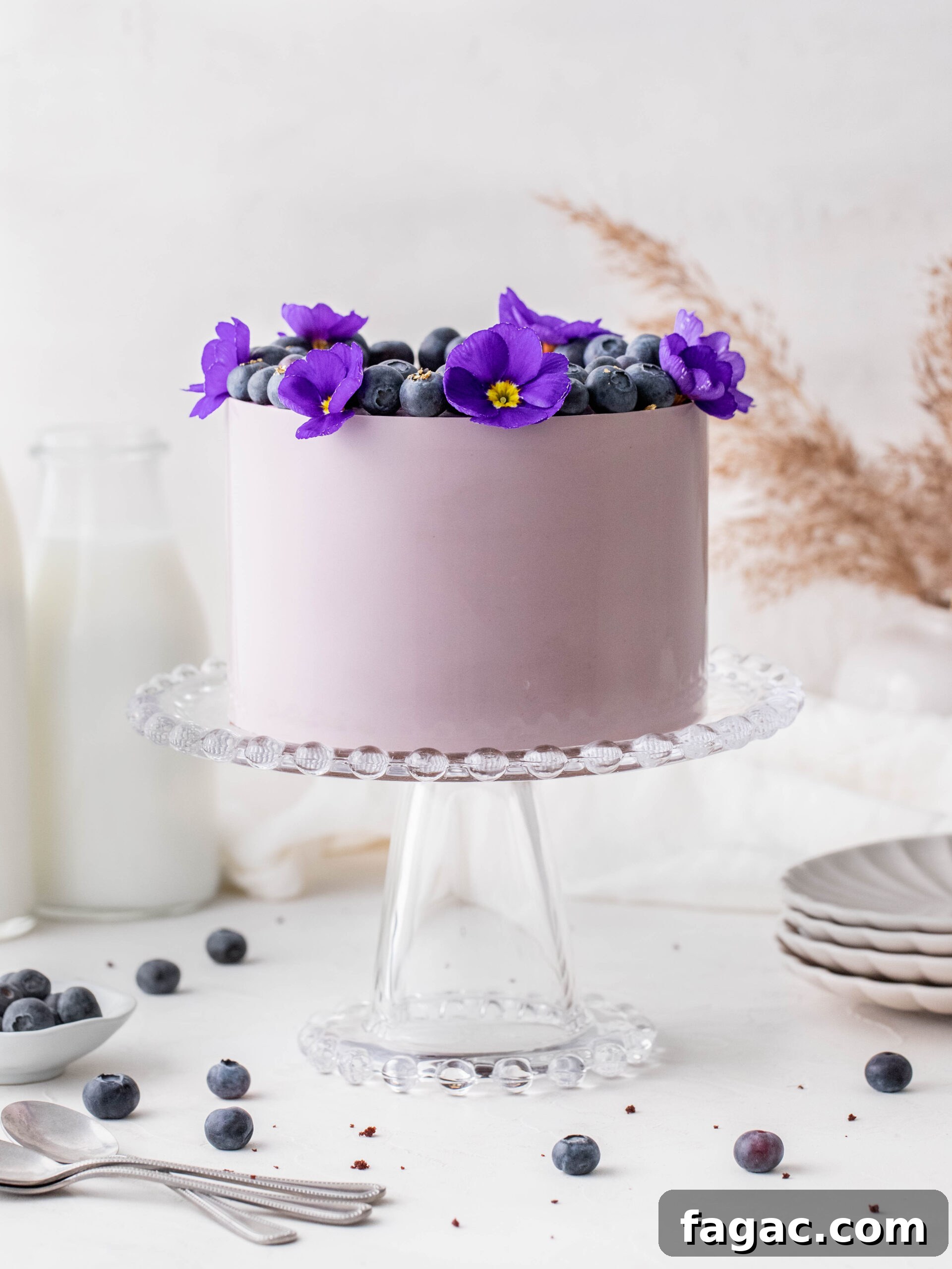 Blueberry Cream Cheese Chocolate Cake Recipe 3 Blueberry Cream Cheese Chocolate Cake on a cake stand.