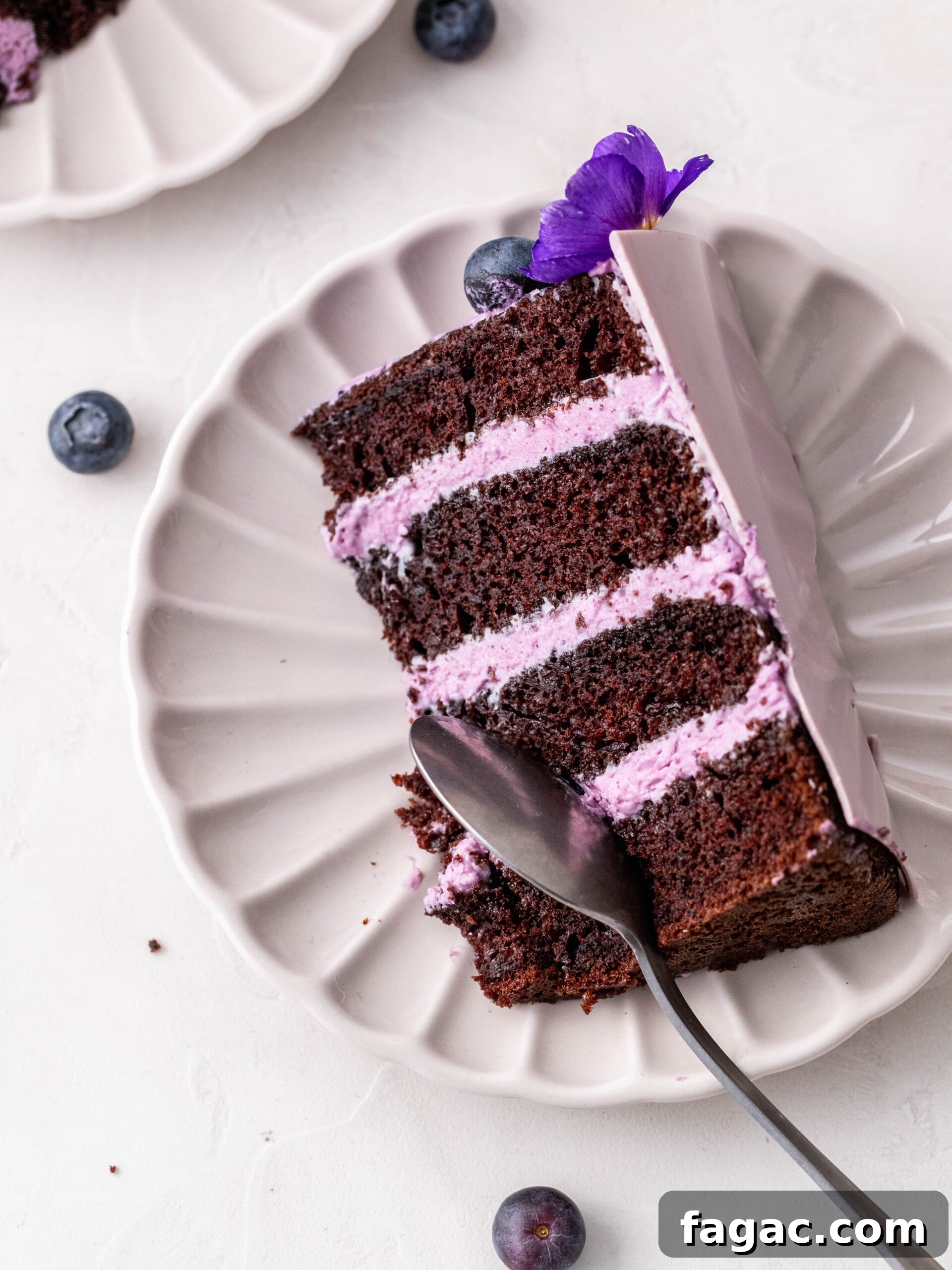 Blueberry Cream Cheese Chocolate Cake Recipe 4 Blueberry Cream Cheese Chocolate Cake slice on a plate.