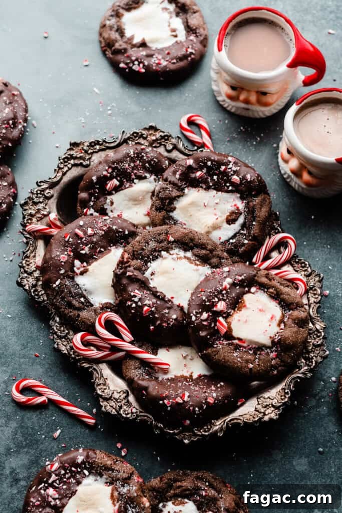 Gooey Peppermint Hot Chocolate Cookies with Marshmallows 3 A vintage tray of the chocolate marshmallow cookies on a slate surface, with santa hot cocoa mugs.